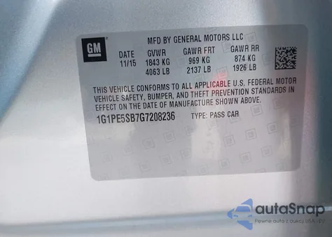 2016 Chevrolet Cruze Limited 1Lt Auto из США, поврежденный, VIN 1G1PE5SB7G7208236